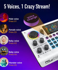 C100 Pro P15 Portable Mixing Console And Sound Card Kit with voice changer options displayed, five voices variety shown.