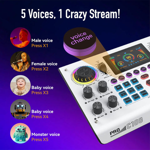 C100 Pro P15 Portable Mixing Console And Sound Card Kit with voice changer options displayed, five voices variety shown.