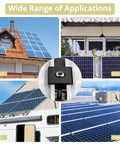 Various applications of 10 Pack Aluminum T Shaped Solar Panel Center Clamps For 30mm And 35mm Rail Mid Clamps Mounting Brackets Rail Connector for Metal Roof Tin Roof Flat Roof Sheet Roof Black Built To Last; used on roof, balcony, RV, and factory setups showing solar panel installations.