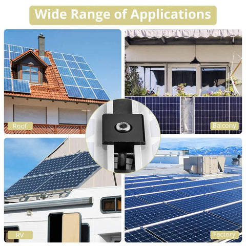 Various applications of 10 Pack Aluminum T Shaped Solar Panel Center Clamps For 30mm And 35mm Rail Mid Clamps Mounting Brackets Rail Connector for Metal Roof Tin Roof Flat Roof Sheet Roof Black Built To Last; used on roof, balcony, RV, and factory setups showing solar panel installations.