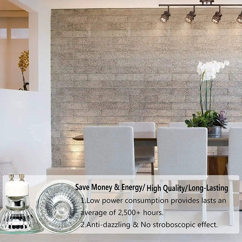 GU10 50W Halogen Replacement Bulbs For Candle Warmer Lamps, dining room setting with chairs and modern lighting