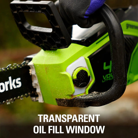 Smooth Operator 40 Volt Cordless Electric Chainsaw With 14 Inch Guide Bar And Brushless Motor Tool Only showing transparent oil fill window.