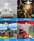 Outdoor Gazebo Ceiling Fan With Light, Plug In Patio Fan, shown in bedroom, tool room, gazebo, and parasol settings