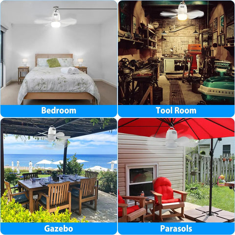Outdoor Gazebo Ceiling Fan With Light, Plug In Patio Fan, shown in bedroom, tool room, gazebo, and parasol settings