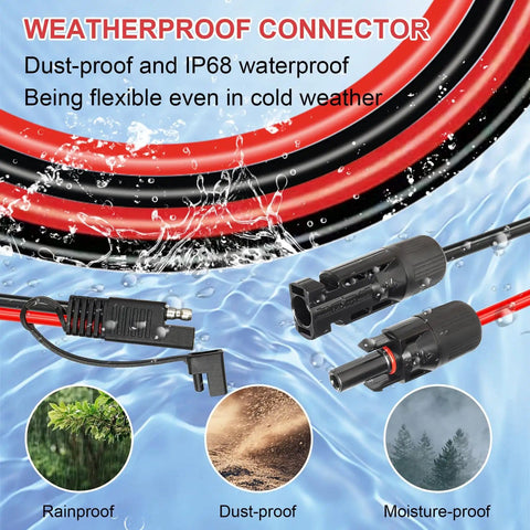Beefed-Up Heavy Duty 20 Feet 10AWG Solar Panel To SAE Adapter Cable, waterproof IP68 connectors, rain, dust, moisture-proof features.