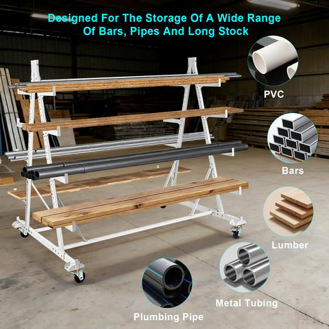 Five Tier Heavy Duty Mobile Lumber Cantilever Storage Rack On Wheels For Garage Workshop Shed Basement Holds Long Parts Up To 2000 Lbs 53 By 52 By 44 Inches