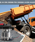 Beefed-Up Heavy-Duty PTO Hoist Air Shift Control Valve With Automatic Kick-Out For Dump Trucks And Trailers next to orange dump truck.