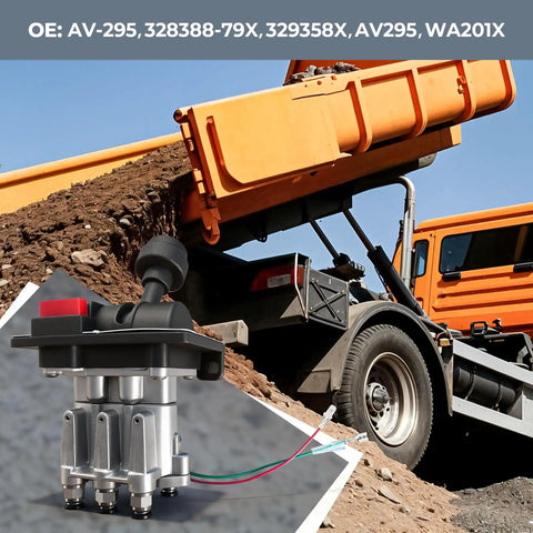 Beefed-Up Heavy-Duty PTO Hoist Air Shift Control Valve With Automatic Kick-Out For Dump Trucks And Trailers next to orange dump truck.