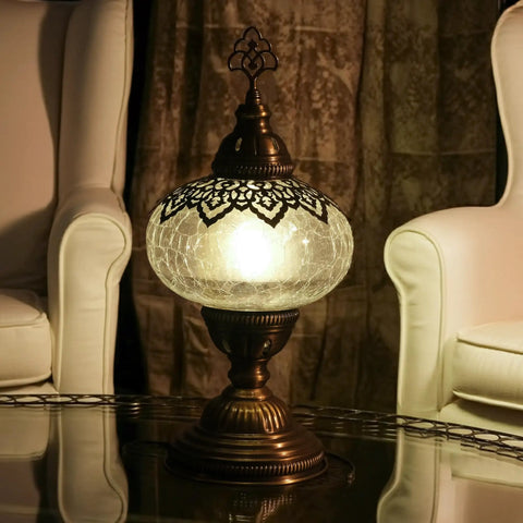 Cracked Clear Moroccan Mosaic Table Lamp With Handmade Turkish Glass Light Bulb Included Boho Chic Bedside And Living Room Accent Lamp