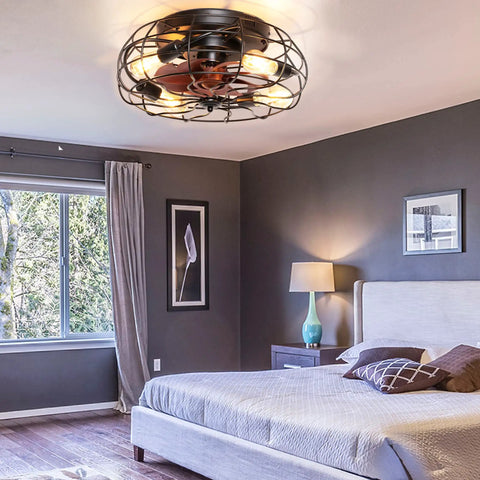 Industrial Black 20 Inch Caged Ceiling Fan With Light, Low Profile Flush Mount in modern bedroom with window and decor