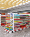 Top Shelf Double Sided Gondola Shelving Display Featuring Adjustable Four Tier Store Shelves For Retail Grocery And Liquor Center Island Premium Steel Commercial Rack Straight Up Built Solid Heavy Lifter Setup with stocked food items.