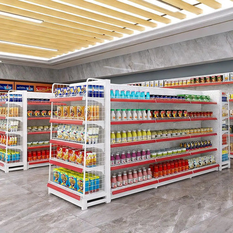 Top Shelf Double Sided Gondola Shelving Display Featuring Adjustable Four Tier Store Shelves For Retail Grocery And Liquor Center Island Premium Steel Commercial Rack Straight Up Built Solid Heavy Lifter Setup with stocked food items.