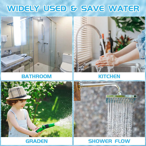 Image illustrating various uses for water saving, including bathroom, kitchen, garden, and shower flow, with Shower Flow Reducer Set.