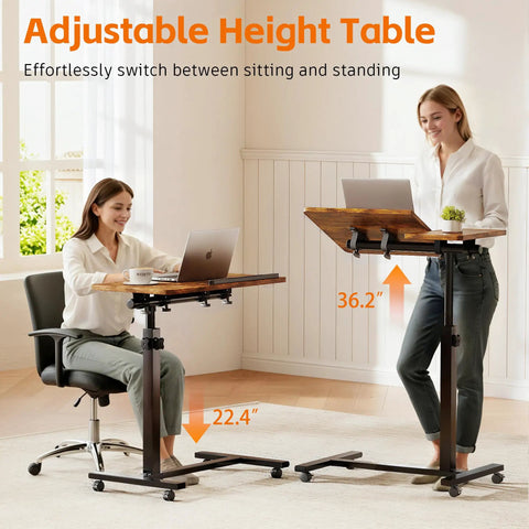 Adjustable Overbed Table With C Shape Design Portable Rolling Desk for sitting and standing use, 22.4" to 36.2" height