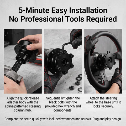 Installation process of Slick Heavy Duty Quick Release Steering Wheel Adapter With Anti Theft Security Hub showing steps to attach.