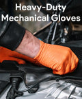 Built Tank Tough Heavy Duty 8 Mil Orange Nitrile Work Gloves Featuring A Diamond Textured Surface For Insane Grip And Maximum Puncture Protection In A Solid 50 Pack Perfect For Mechanics Who Want Real Deal Latex Free Gear Everyday, gripping a car part.