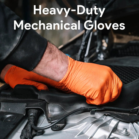 Built Tank Tough Heavy Duty 8 Mil Orange Nitrile Work Gloves Featuring A Diamond Textured Surface For Insane Grip And Maximum Puncture Protection In A Solid 50 Pack Perfect For Mechanics Who Want Real Deal Latex Free Gear Everyday, gripping a car part.