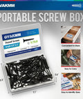 Heavy Duty 5 Inch Drywall Screws Featuring Black Phosphate Coating And Coarse Threads For A No Fuss Install And Smooth Driving On Wood Or Sheetrock Tough As Nails Steel Build 32 Pack Box in clear storage case.
