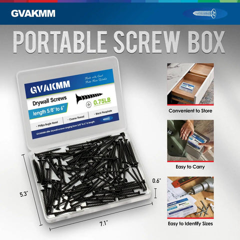 Heavy Duty 5 Inch Drywall Screws Featuring Black Phosphate Coating And Coarse Threads For A No Fuss Install And Smooth Driving On Wood Or Sheetrock Tough As Nails Steel Build 32 Pack Box in clear storage case.