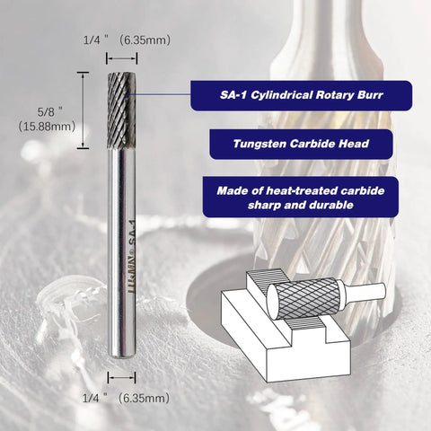 SA-1 Double Cut Cylindrical End Head Rotary Burr Set, 1/4 Inch Shank, 5/8 Inch Cutting Length, Tungsten Carbide, 4 Piece