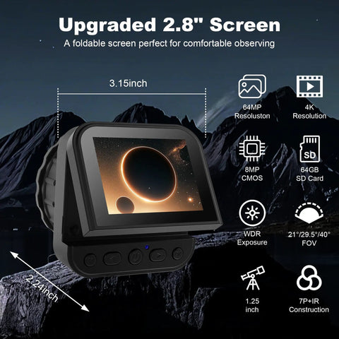 4K Wireless Telescope Camera With 1.25 Inch And 2 Inch Eyepiece Adapters showing 2.8 inch screen in front of mountains