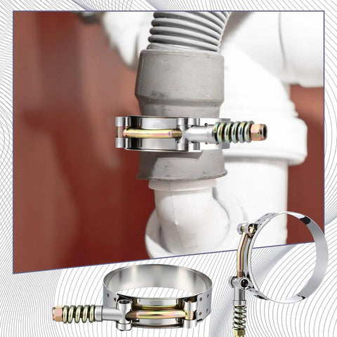 Heavy Duty T Bolt Hose Clamp Kit 16 Pack With Reinforcement Spring on pipe connection, stainless steel, 50-91mm range
