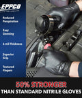 Hardcore Black Nitrile Gloves, Commercial Grade Automotive Mechanic And Garage Workwear, 6 Mil Thick disposable gloves in use, large size.