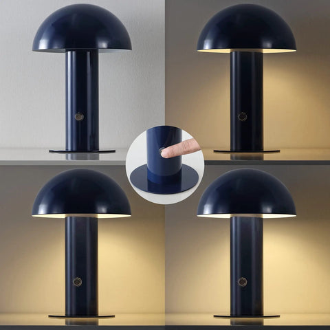 Navy Rechargeable LED Mushroom Table Lamp Cordless Cozy Bedside Light For Living Room And Bedroom 10.75 Inch Three Way Dimmable Modern Iron Desk Light With Metal Shade Portable Nightstand Lamp