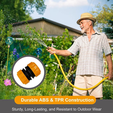 Ditch Leaky Hoses And Get This Ultimate Garden Hose Repair Kit With 3 Durable Fittings For All Your 1/2 Inch To 3/4 Inch Water Lines That Make Splicing And Extending A Total Piece Of Cake For Any Outdoor DIY Project., man watering garden with ABS and TPR hose repair fitting