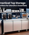 Commercial Undercounter Refrigerator 20.9 Cubic Foot Three Door Stainless Steel Worktop Cold Storage For Bars Restaurants Shops Heavy Duty Straight Shooter with kitchen utensils.