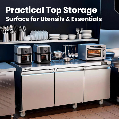 Commercial Undercounter Refrigerator 20.9 Cubic Foot Three Door Stainless Steel Worktop Cold Storage For Bars Restaurants Shops Heavy Duty Straight Shooter with kitchen utensils.