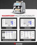 Cassida 9900R V2 Bill Counter Machine With Printer showing touch screen modes and currency breakdown information.