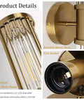Klighten Hardwired Wall Sconce Modern Brushed Brass Bathroom Vanity Light featuring durable metal base and individual glass rods.
