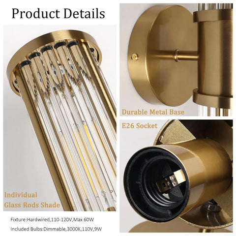 Klighten Hardwired Wall Sconce Modern Brushed Brass Bathroom Vanity Light featuring durable metal base and individual glass rods.