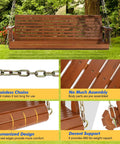 Built Tough Outdoor Wooden Porch Swing With Adjustable Chains 880 Lb Capacity 5 Ft Brown Garden Bench Seat For Patio Courtyard Weather Ready Backyard Swing displayed and features like stainless chains, pre-assembly, and curved edges shown.