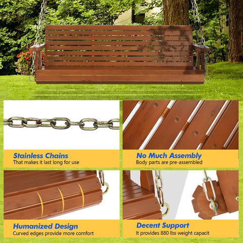 Built Tough Outdoor Wooden Porch Swing With Adjustable Chains 880 Lb Capacity 5 Ft Brown Garden Bench Seat For Patio Courtyard Weather Ready Backyard Swing displayed and features like stainless chains, pre-assembly, and curved edges shown.