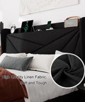 Queen Size Upholstered Bed Frame With Built In Charging Station, Black Linen Platform Bed Featuring Spacious Wingback Storage Headboard, showing high quality linen fabric.