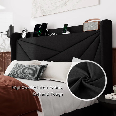 Queen Size Upholstered Bed Frame With Built In Charging Station, Black Linen Platform Bed Featuring Spacious Wingback Storage Headboard, showing high quality linen fabric.