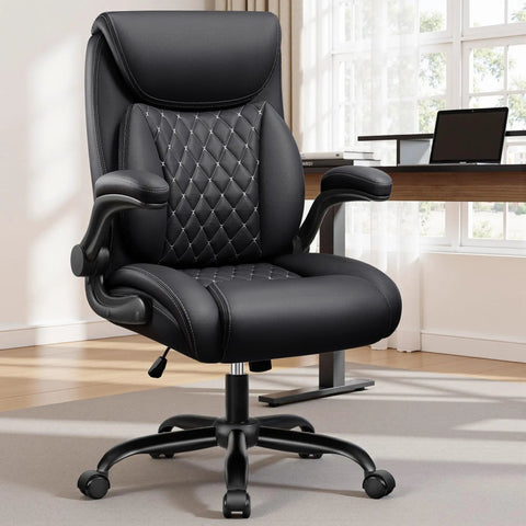 Ergonomic Office Chair With 3D Dynamic Lumbar Support For Lower Back Pain Relief Leather Executive Desk Chair Padded Flip Up Armrests