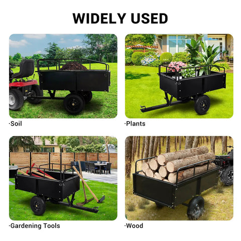 Heavy Duty Steel Dump Cart And Utility Trailer With 1600 Lb Capacity And 15 Cu Ft Box For ATV Or Lawn Tractor with soil, plants, tools, wood