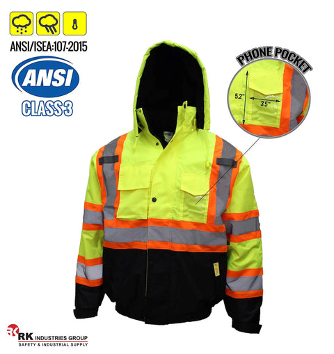 Hi Viz Workwear ANSI Class 3 Bomber Safety Jacket In Neon Lime 100 Percent Waterproof 2 Inch Reflective Taping On Front Back And Arms Meets ANSI ISEA 1072015 Size Extra Large Durable High Visibility Gear For Tough Outdoor Jobs, front view with phone pocket detail.