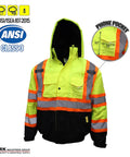 Hi Vis Bomber Workwear Jacket For Outdoorsmen, ANSI Class 3 High Visibility Neon Lime Waterproof With 2 Inch Reflective Taping, Size Large