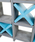 Gray Wooden Toilet Paper Holder With Tic Tac Toe Shelves showcasing blue X dividers for wall mount or freestanding bathroom use