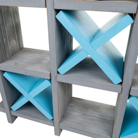 Gray Wooden Toilet Paper Holder With Tic Tac Toe Shelves showcasing blue X dividers for wall mount or freestanding bathroom use