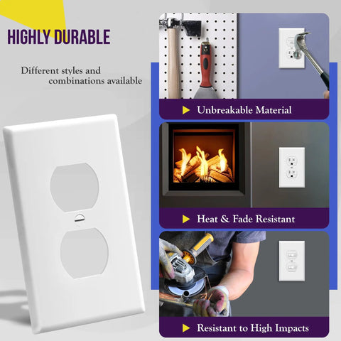 Mid Size Duplex Outlet Wall Plate 1-Gang Cover Built To Last Polycarbonate Thermoplastic, Impact And Heat Resistant, UL Listed