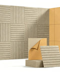 Deep Camel Soundproof Wall Panels 12 Pack Self Adhesive Acoustic Foam Tiles 12X12 Inch in stacked arrangement.