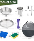 All In One Stainless Steel Camping Mess Kit For 1 To 4 People With Plates, Bowls, Cups, And Full Cutlery Set Plus Carry Bag, sizes shown