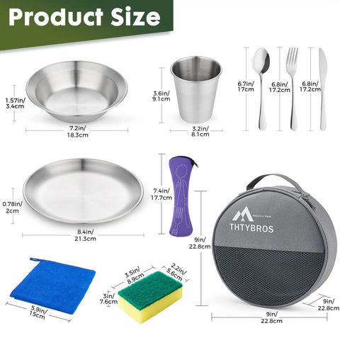 All In One Stainless Steel Camping Mess Kit For 1 To 4 People With Plates, Bowls, Cups, And Full Cutlery Set Plus Carry Bag, sizes shown