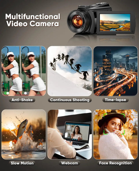 Ultra Dope 5K Video Camcorder With 8X Optical Zoom, 64MP Photos, multifunctional camera modes displayed.