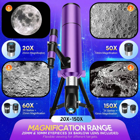 Portable 80mm Aperture Telescope For Kids And Adults High Power 500mm Refractor With 20x To 150x Magnification shown with moon images